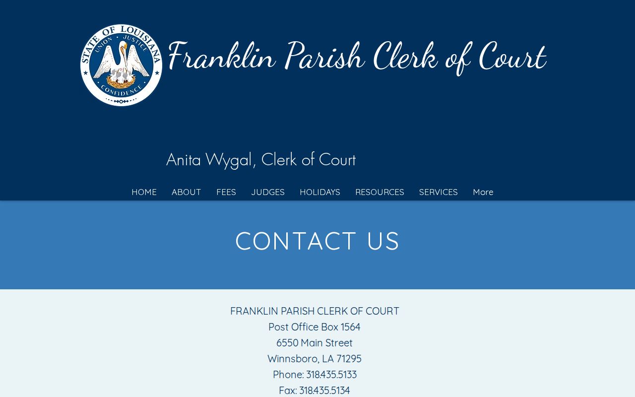 Franklin Parish warrant check: clerk of court contact block with courthouse address and office hours