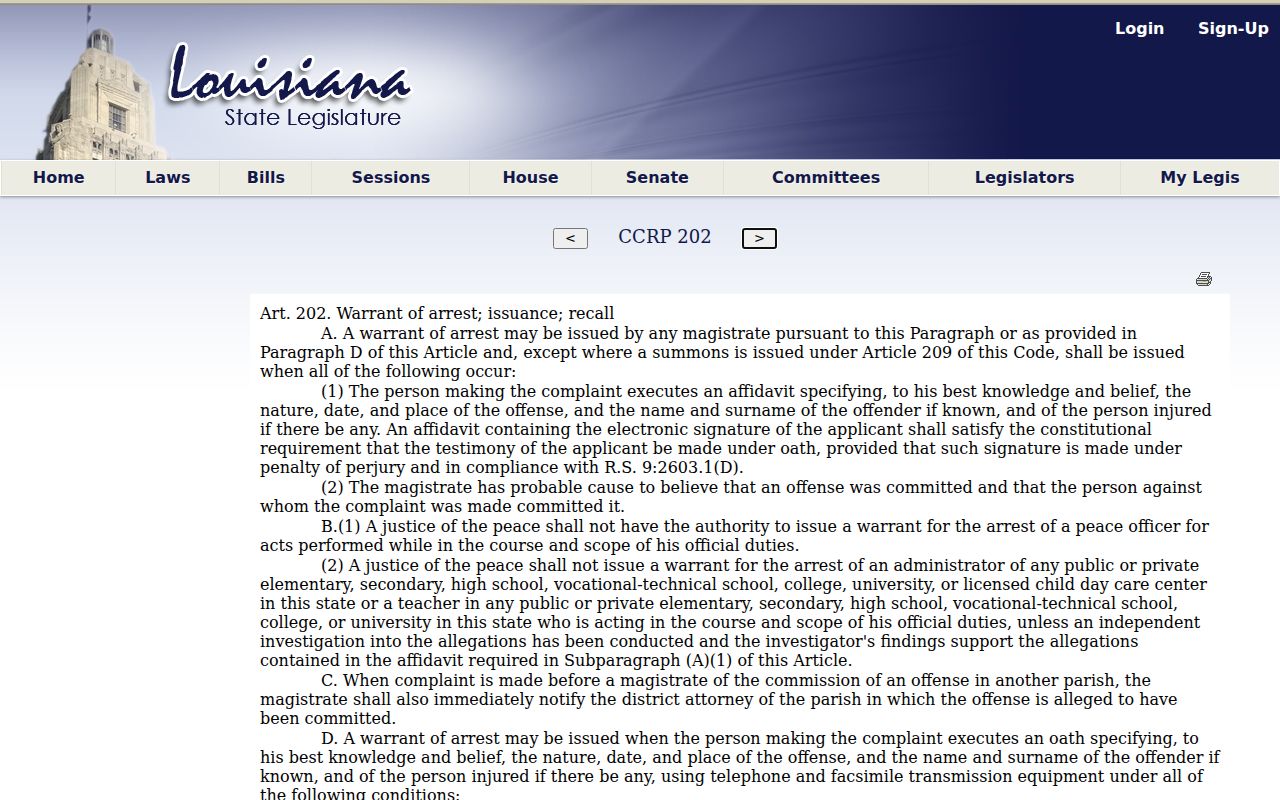 Franklin Parish arrest warrant lookup: Louisiana article 202 text on affidavit, probable cause, and warrant recall