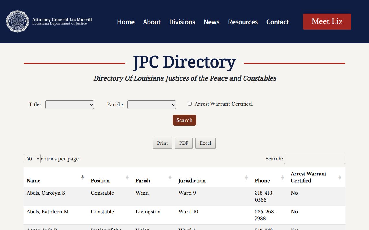 Franklin Parish warrant check: state justice court directory filter table with parish and warrant certification fields