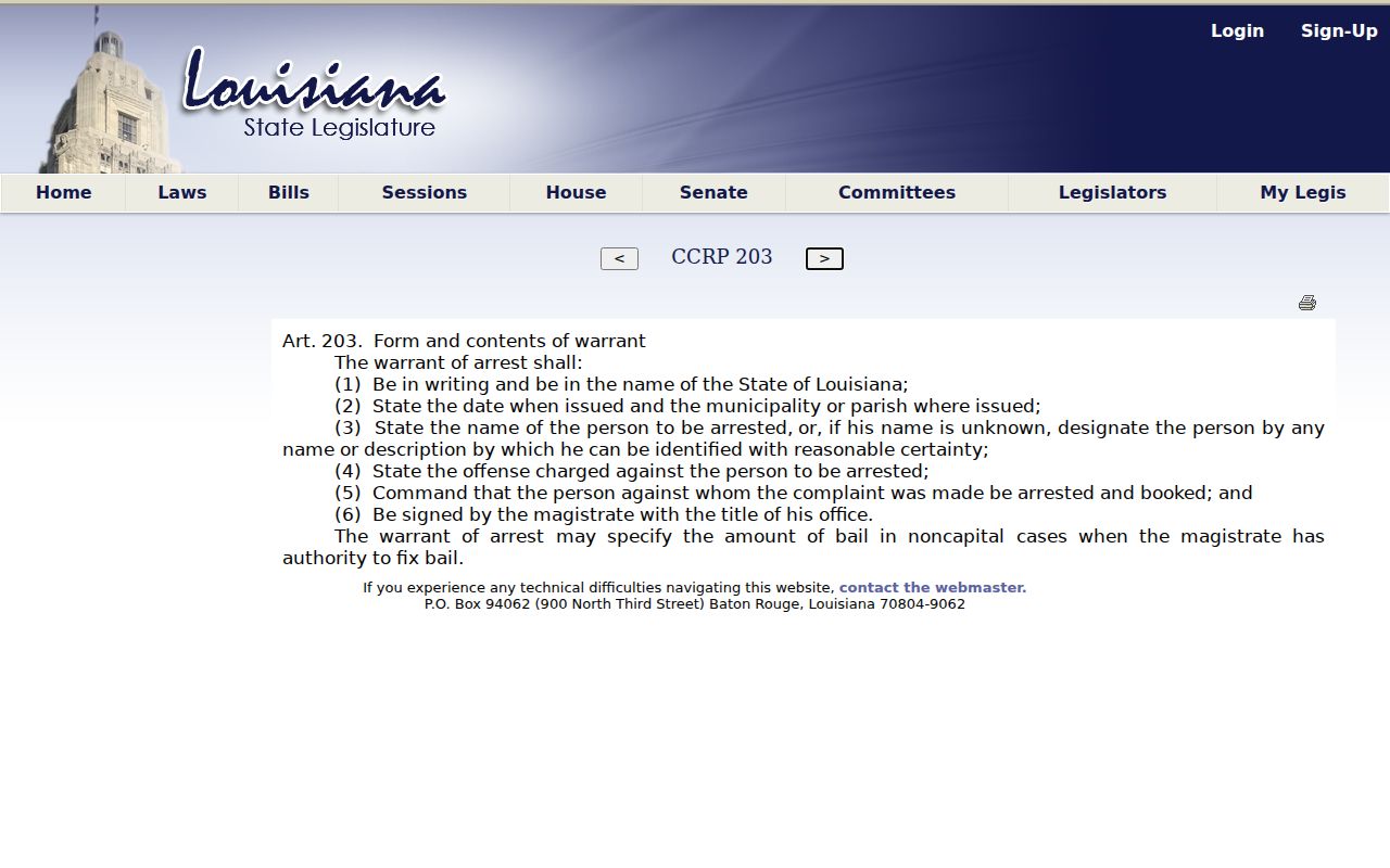 Franklin Parish warrant records: Louisiana article 203 text listing required arrest warrant contents