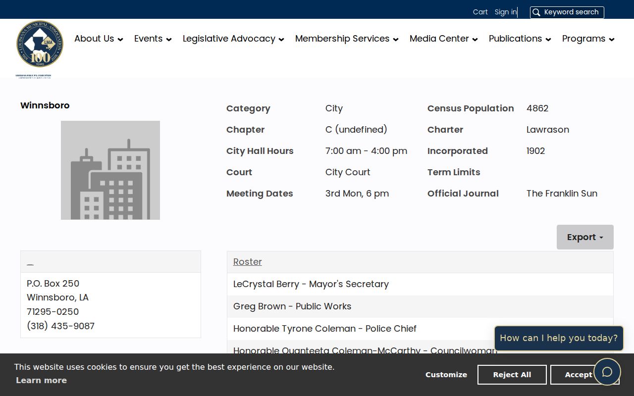 Winnsboro warrant records: Louisiana Municipal Association profile showing the city court classification and city contact