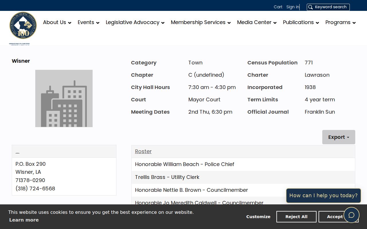Wisner warrant records: Louisiana Municipal Association profile showing the mayor's court classification and town contact
