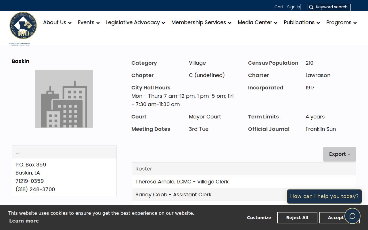 Baskin warrant records: Louisiana Municipal Association profile showing the mayor's court classification and village contact