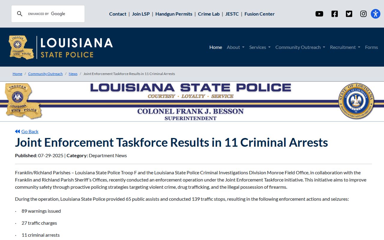 Franklin Parish most wanted warrant program context: state police release on the Franklin and Richland joint enforcement task force