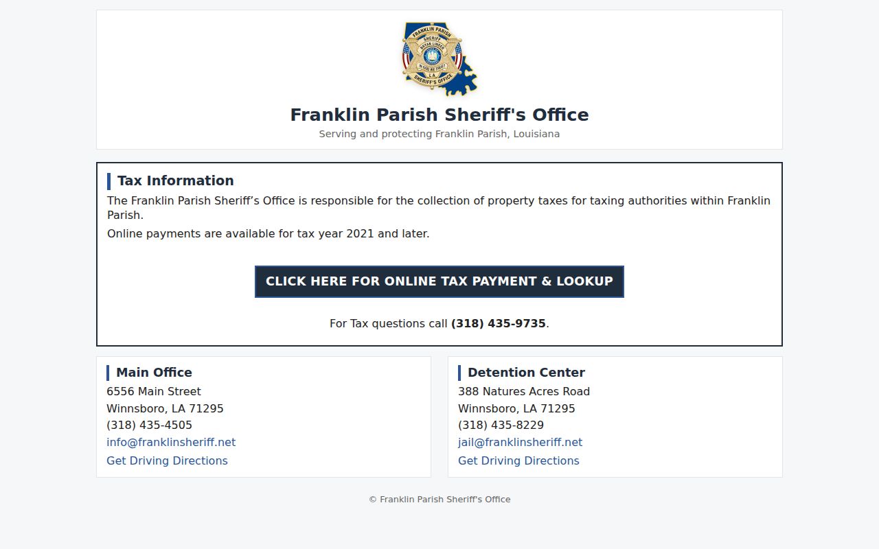 Franklin Parish warrant records: official sheriff homepage with main office and detention center contacts